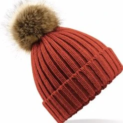 Groothandel ???? Beechfield Dames Muts Met Pompon - One Size - Orange Rust ✔️